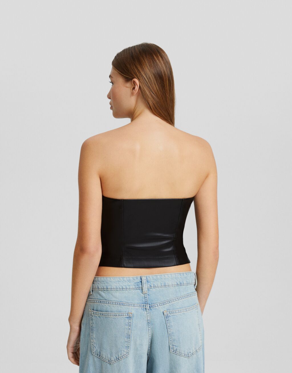Faux leather bandeau crop top with zip Women Bershka