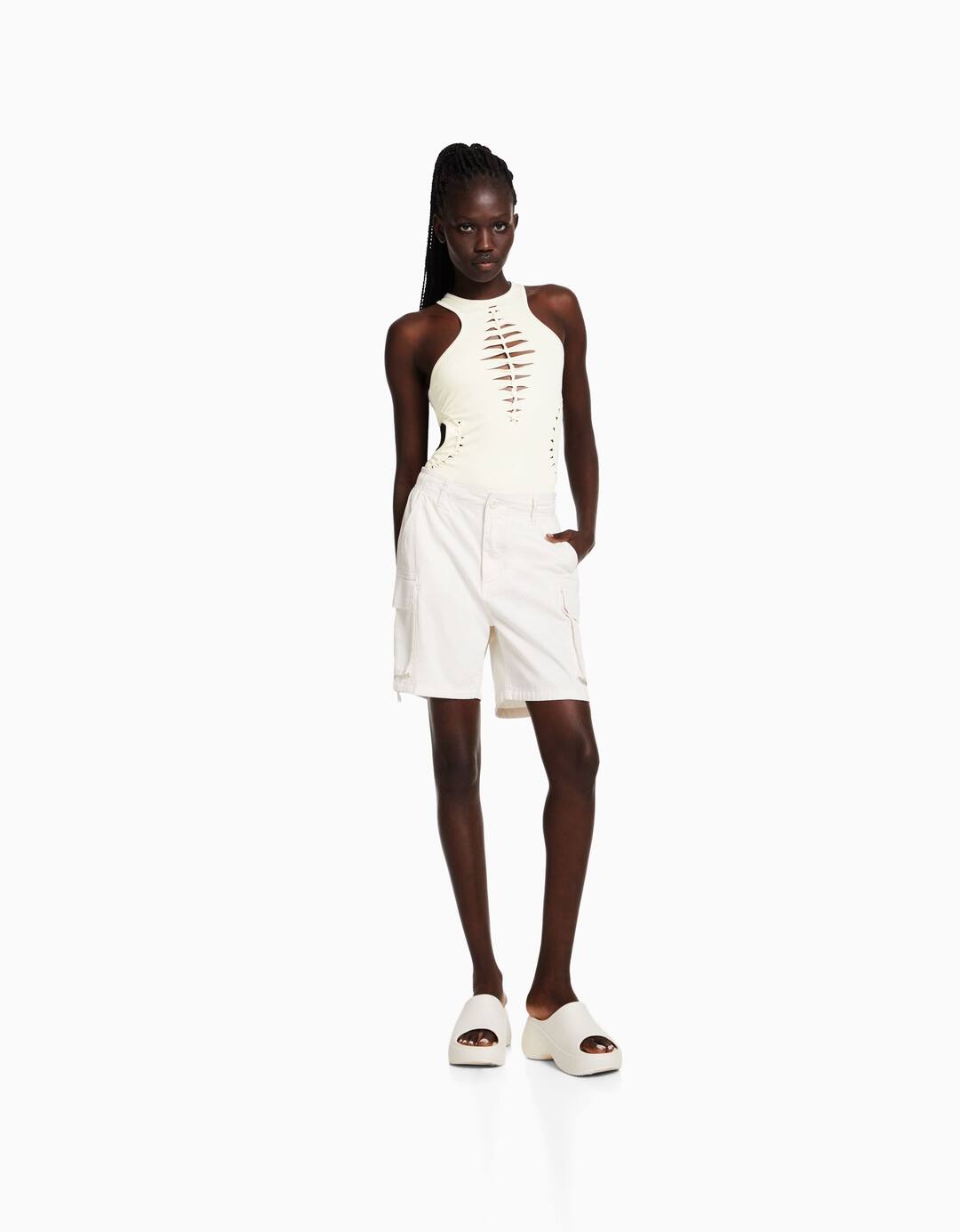 Sleeveless bodysuit with laser-cut detail
