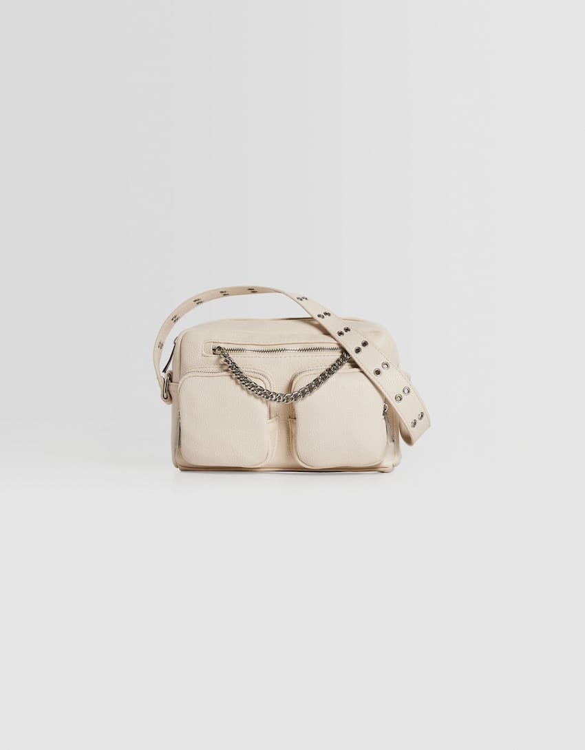Multi-way crossbody bag with chain and pockets-Cream-0