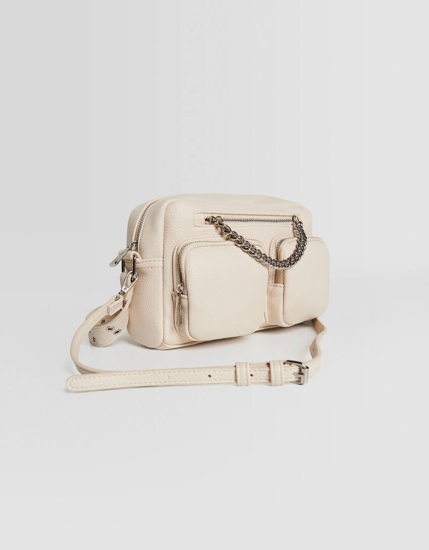 Multi-way crossbody bag with chain and pockets-Cream-4