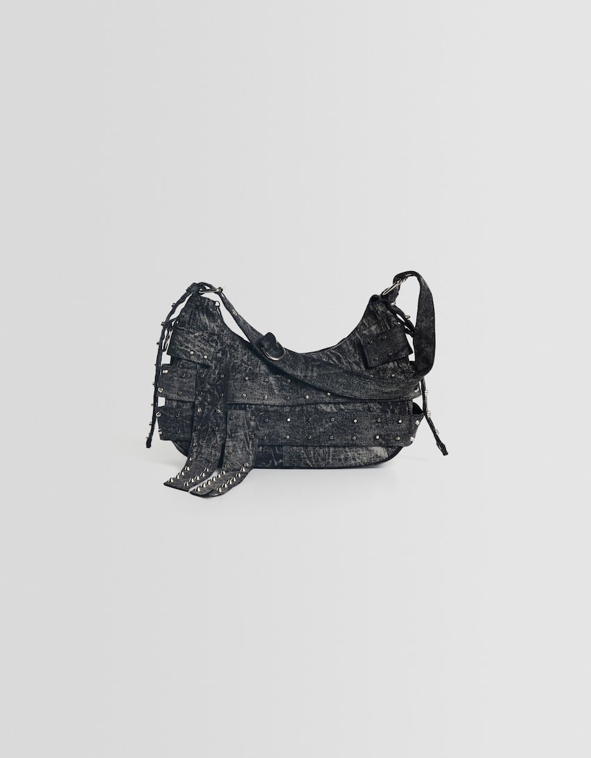 Adjustable denim shoulder bag with studded straps-Black-0