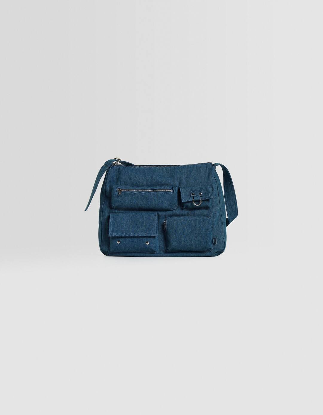 Denim multi-pocket shoulder bag