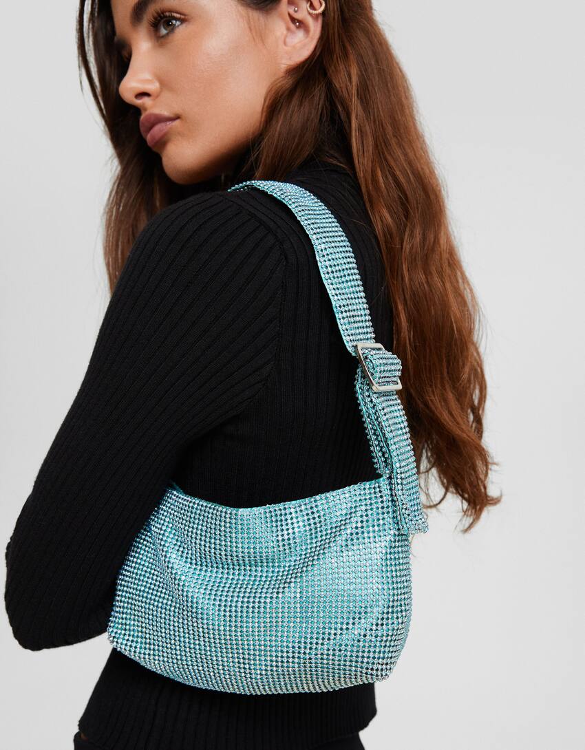 Shoulder bag with crystal details-Turquoise-1