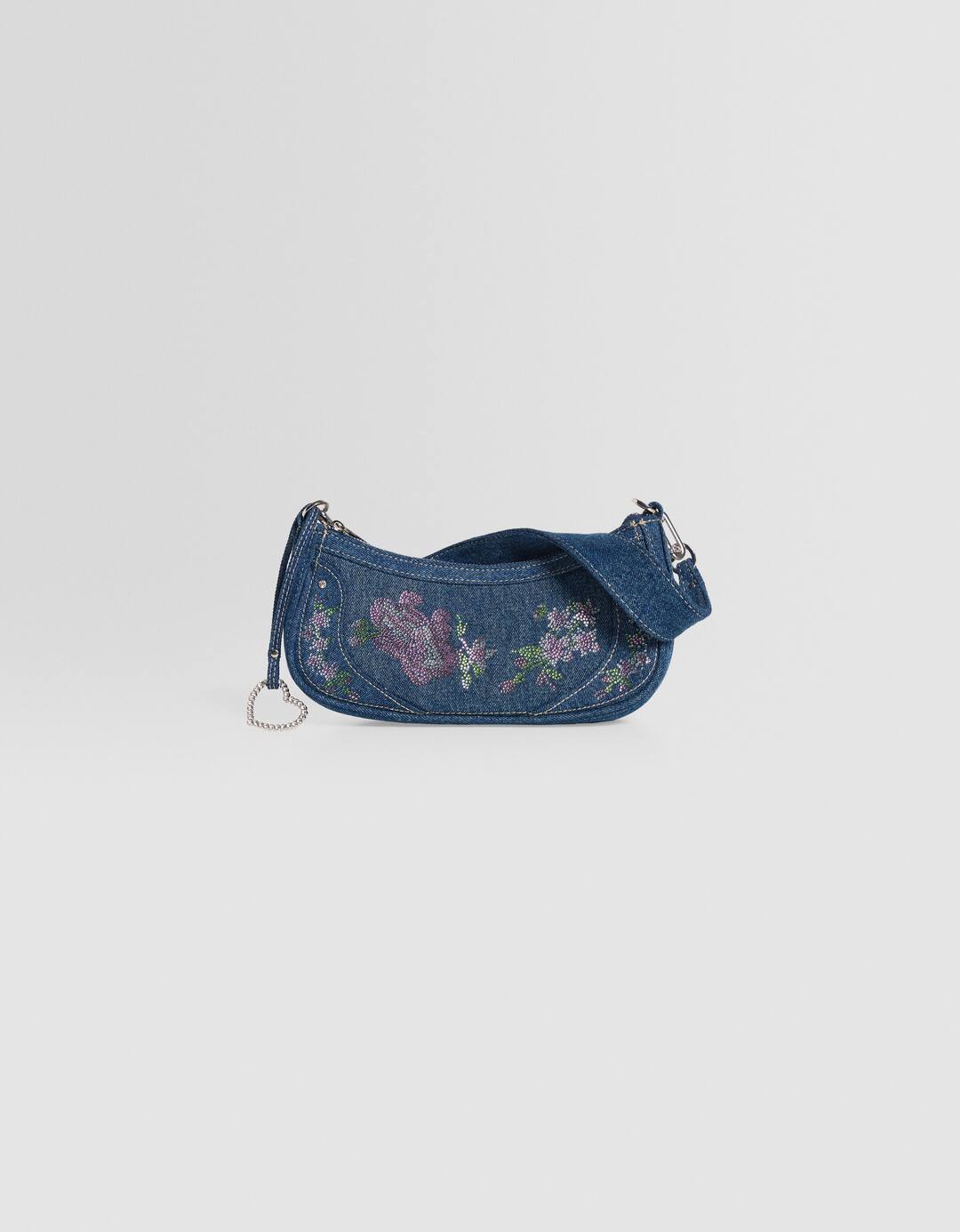 Embroidered denim shoulder bag