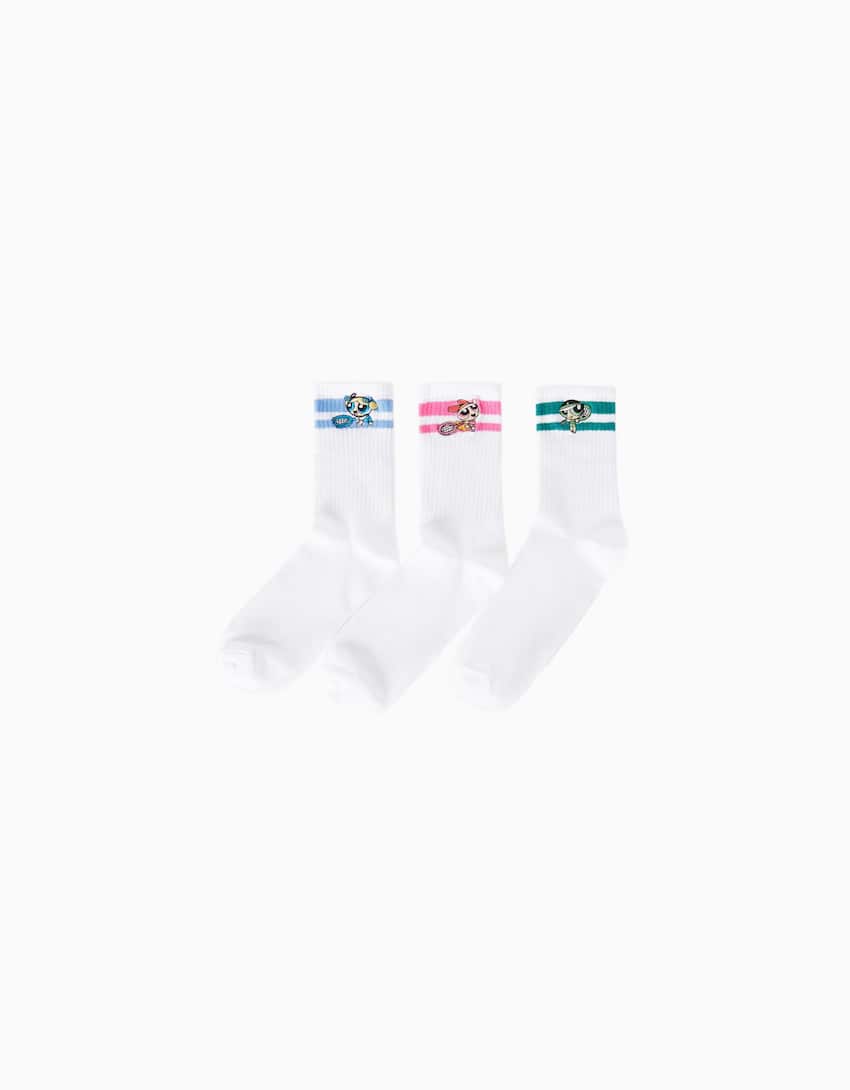 Pack of 3 pairs of Powerpuff Girls socks.-White-0