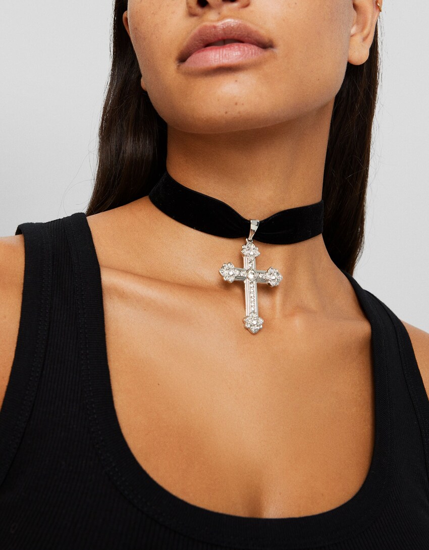 Choker necklace with a bejeweled cross - Necklaces - Women