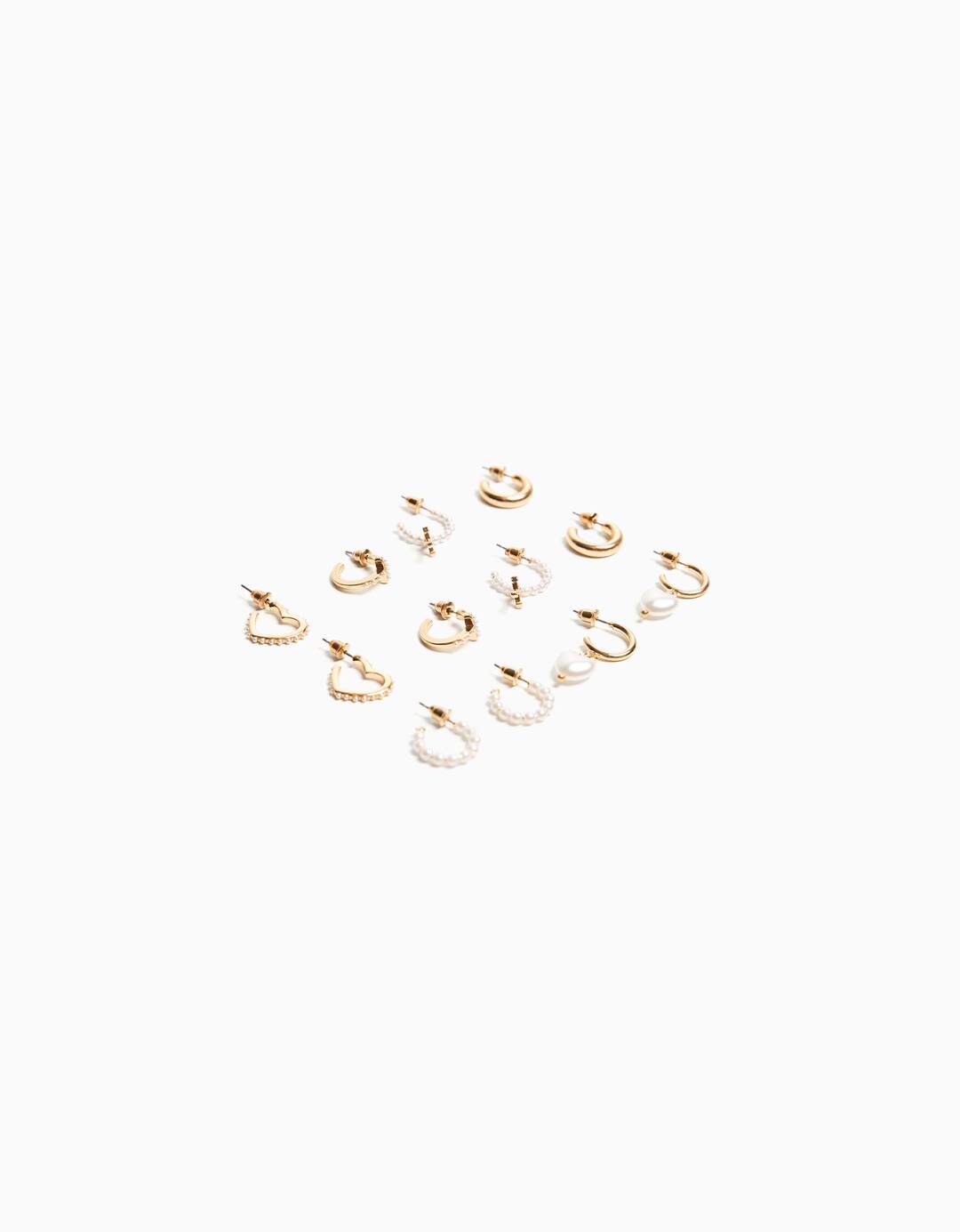 Set of 6 faux pearl rhinestone heart earrings