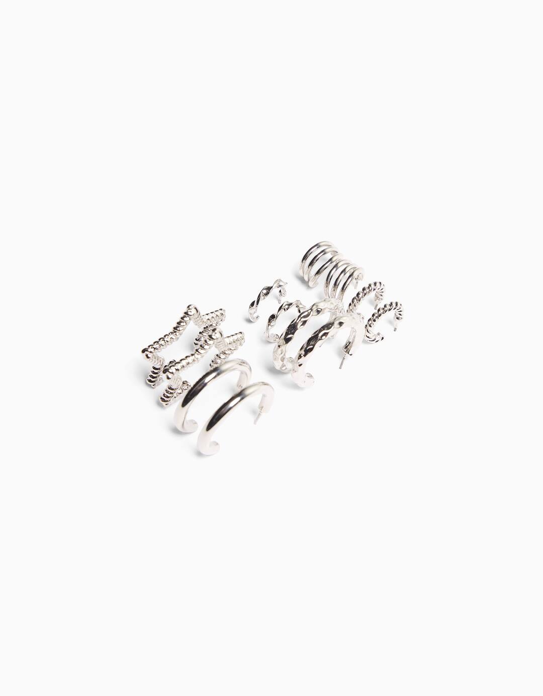 Set of 6 pairs of textured hoop earrings