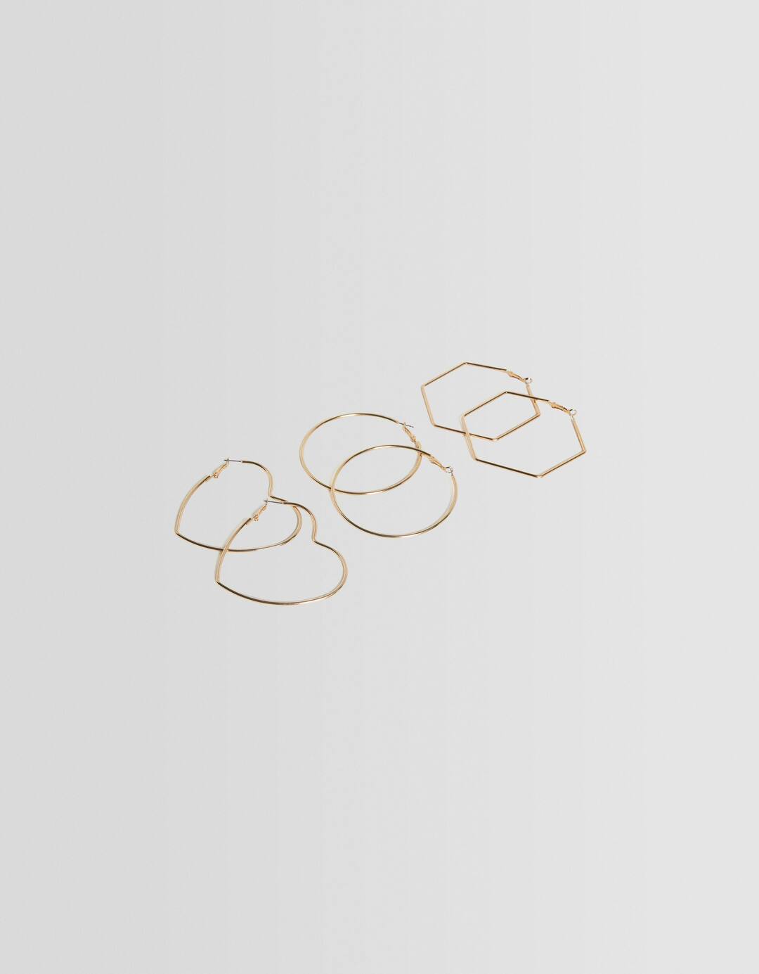 Set of 3 pairs of geometric hoop and heart earrings