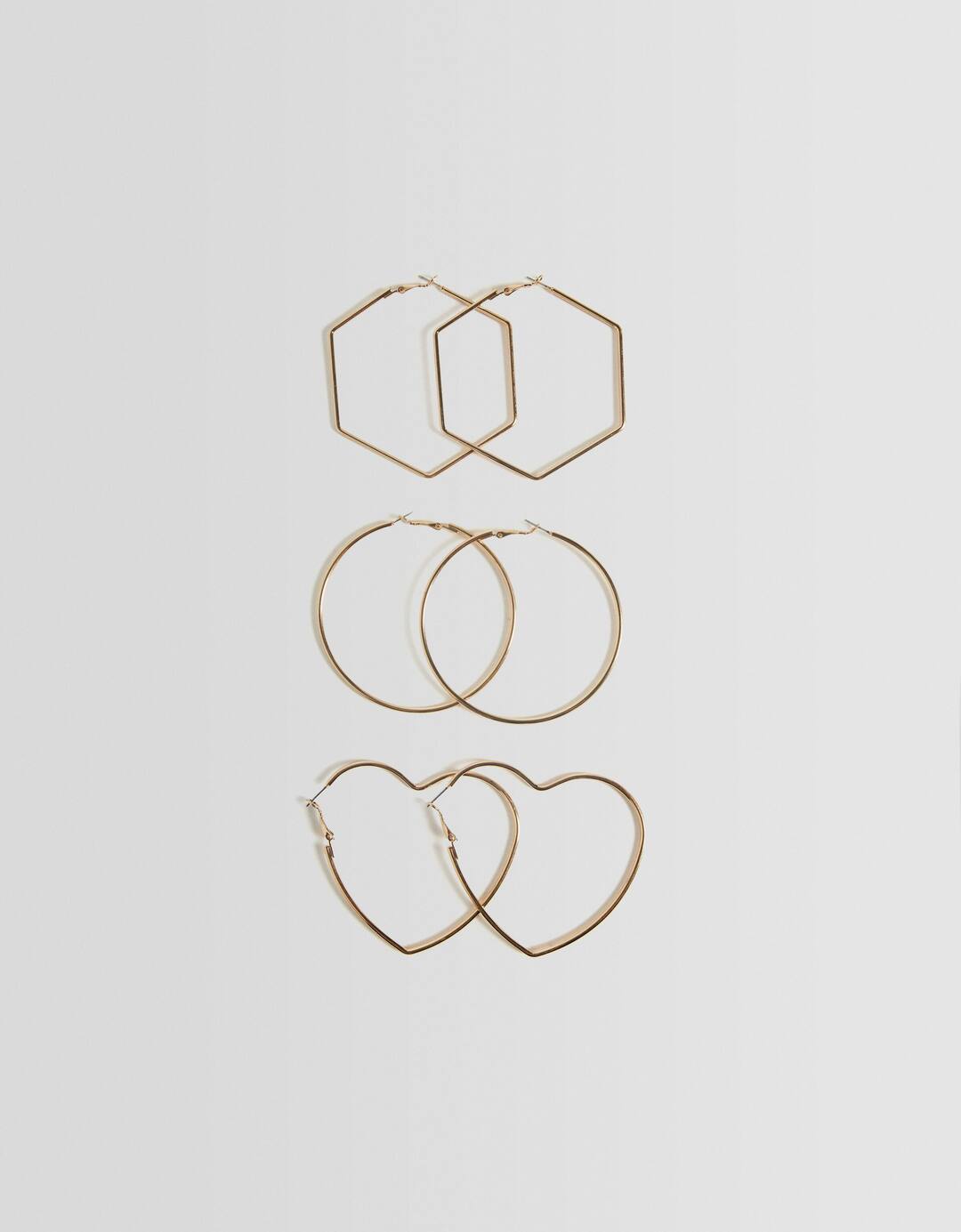 Set of 3 pairs of geometric hoop and heart earrings