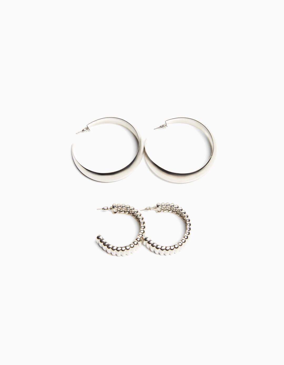 Set of 2 pairs of textured thick hoop earrings