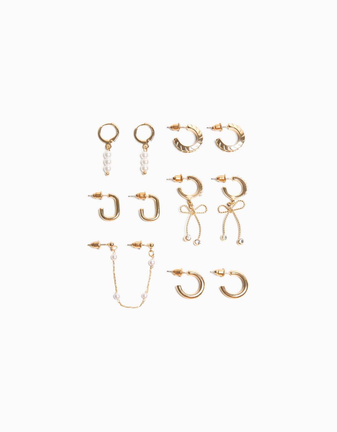Set of 6 faux pearl hoop bow earrings