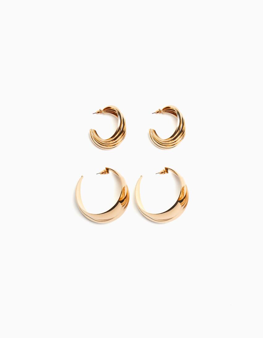 Set of 2 pairs of thick hoop earrings-Gold-4