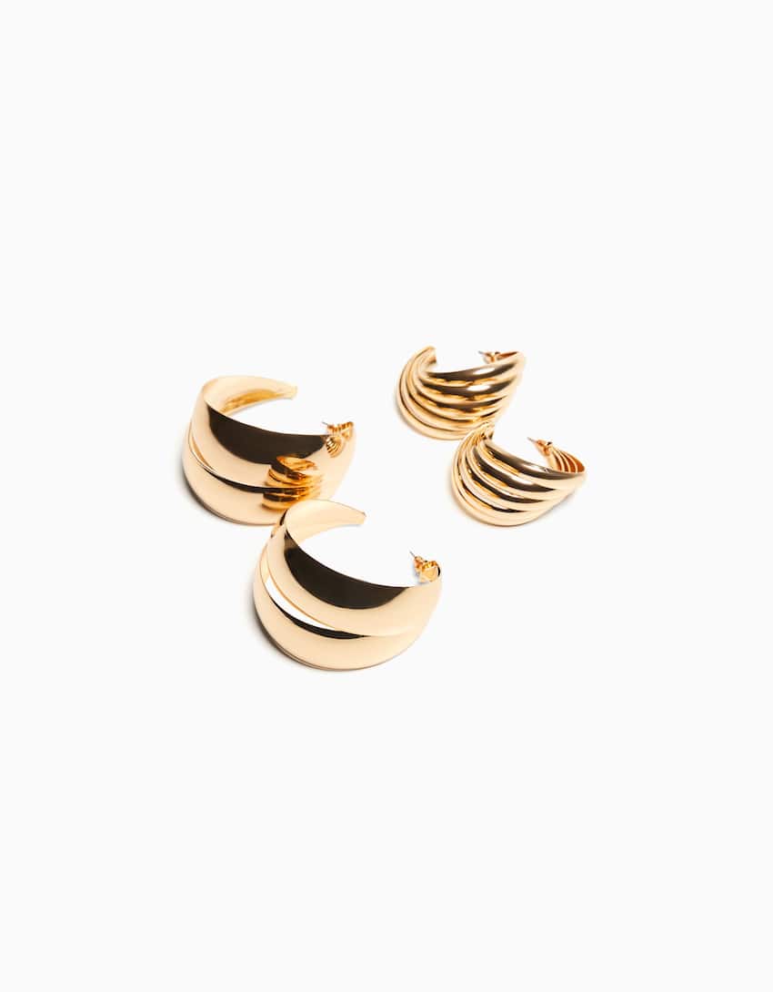 Set of 2 pairs of thick hoop earrings-Gold-0
