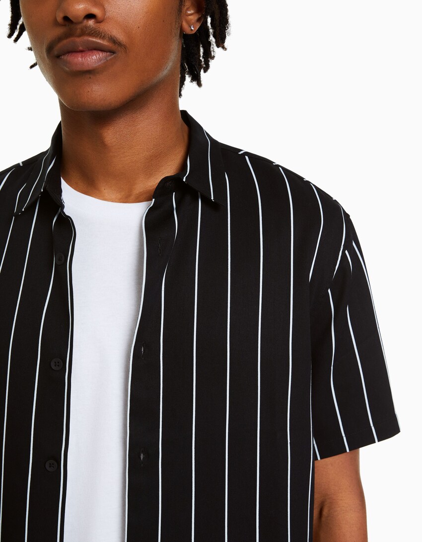 Camisa manga corta sarga rayas-Blanco / Negro-2
