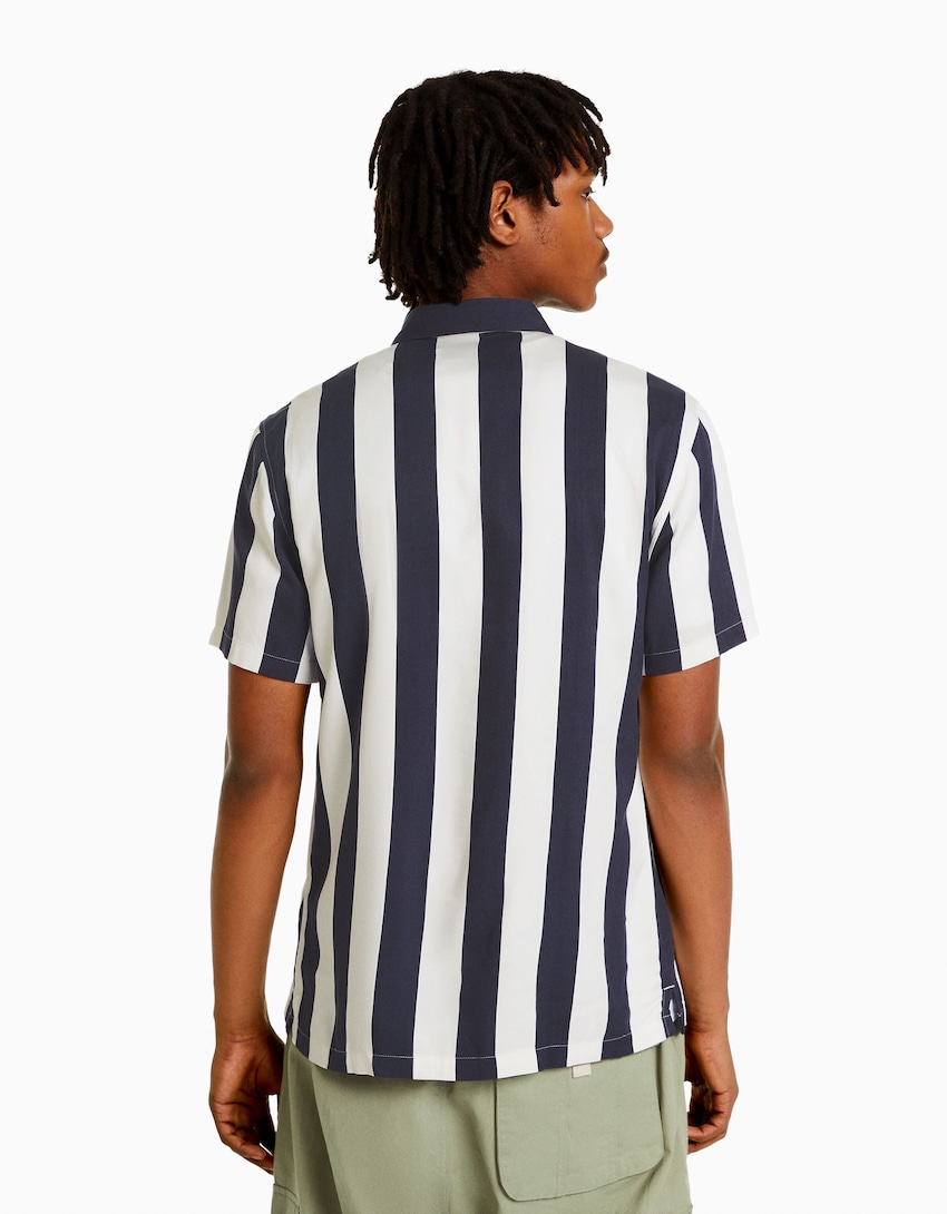 Camisa màniga curta sarja ratlles-Blau Marí-1