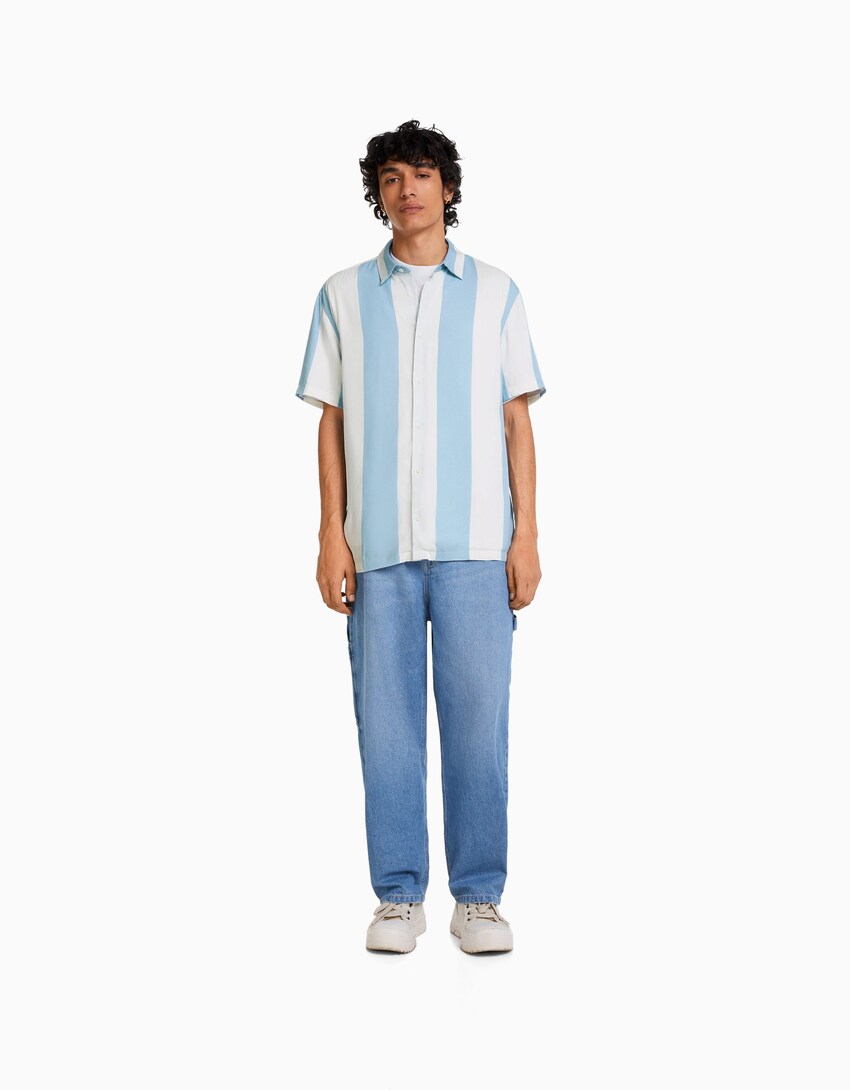 Camisa manga corta sarga rayas-Azul claro-3