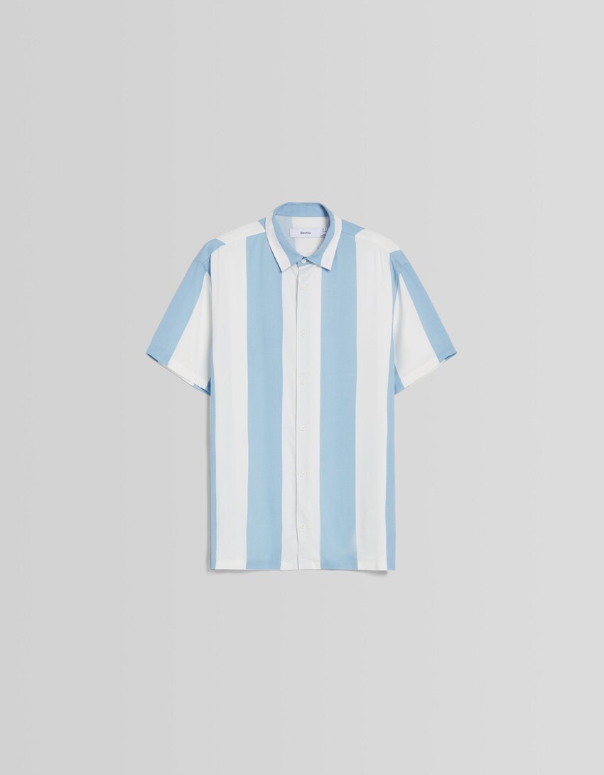 Camisa màniga curta sarja ratlles-Blau cel-4