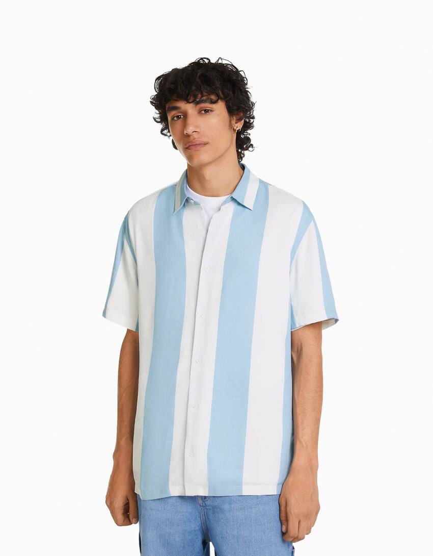 قميص تويل مخطط بأكمام قصيرة-أزرق فاتح-0