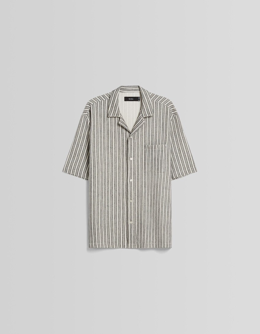 Camisa màniga curta rústica ratlles-Blanc / Negre-5