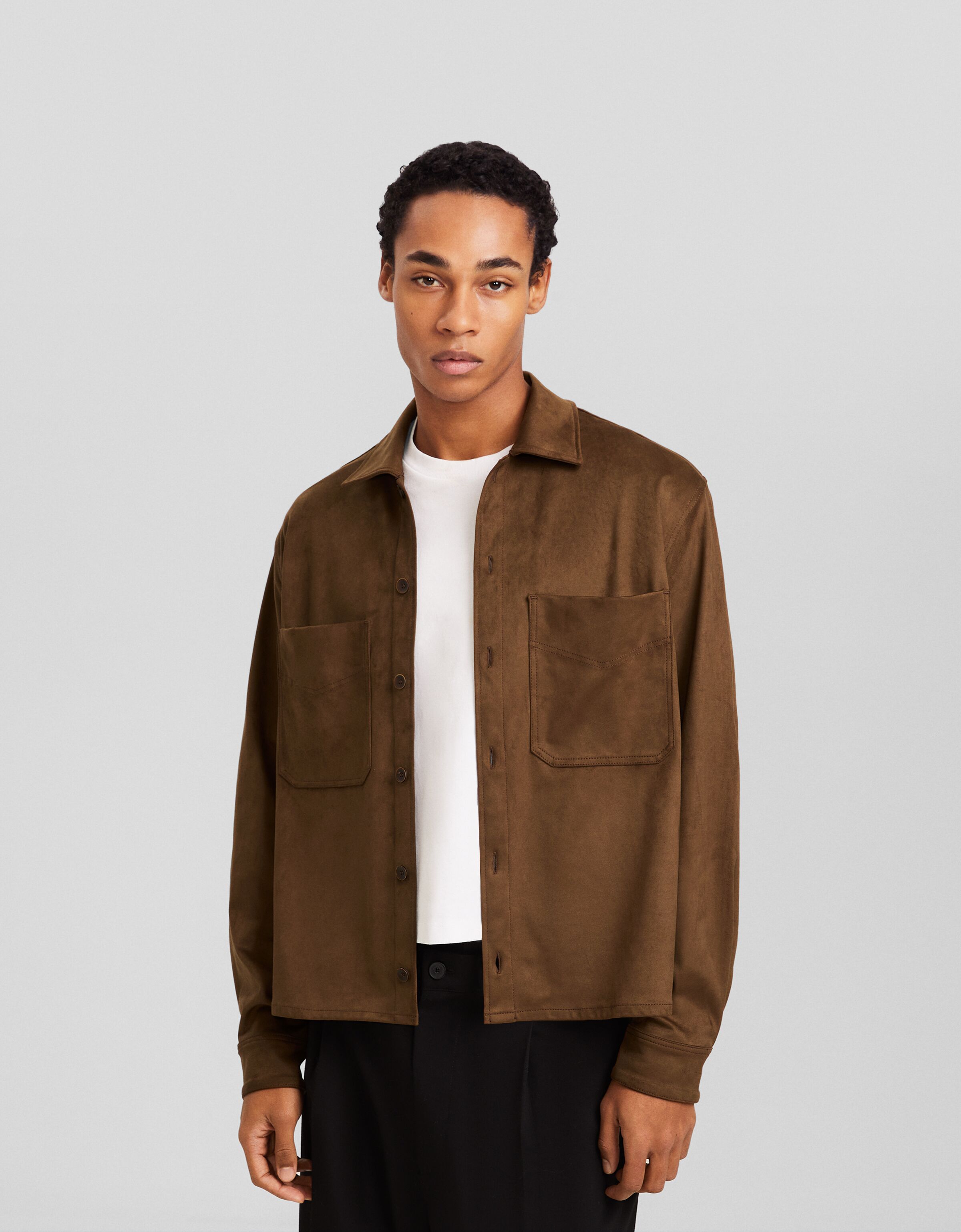 Long sleeve cropped faux suede shirt - Shirts - Men | Bershka