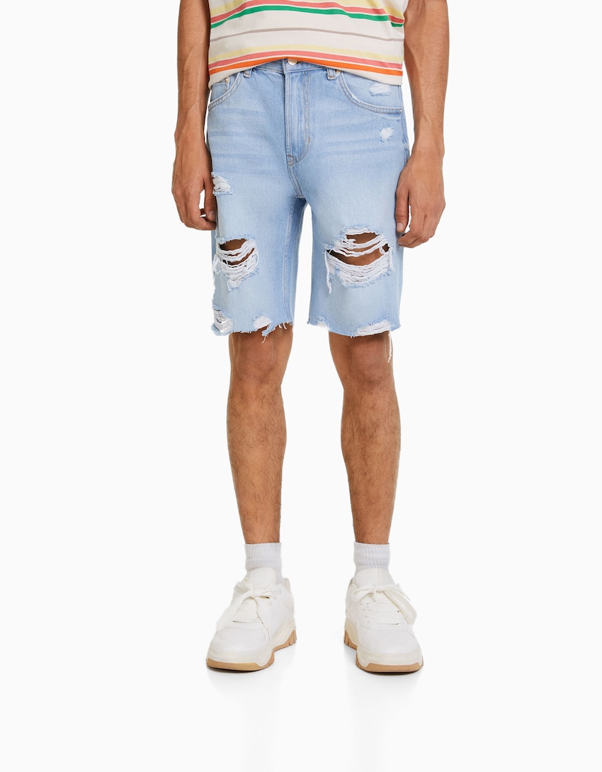 Jeansowe bermudy slim z przetarciami-Wyblakły niebieski-1