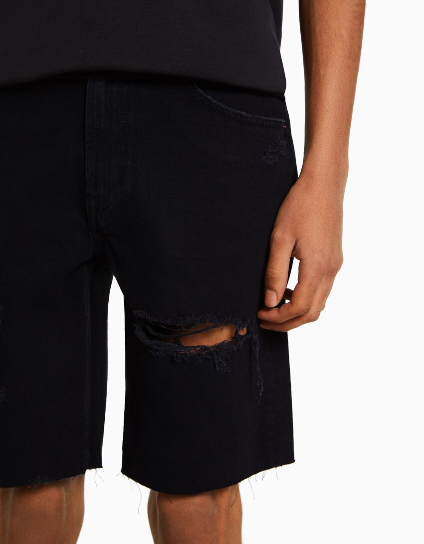 Denim bermudak, slim fit, urratuekin-Beltza-3