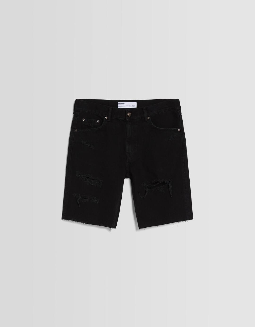 Slim fit ripped denim Bermuda shorts