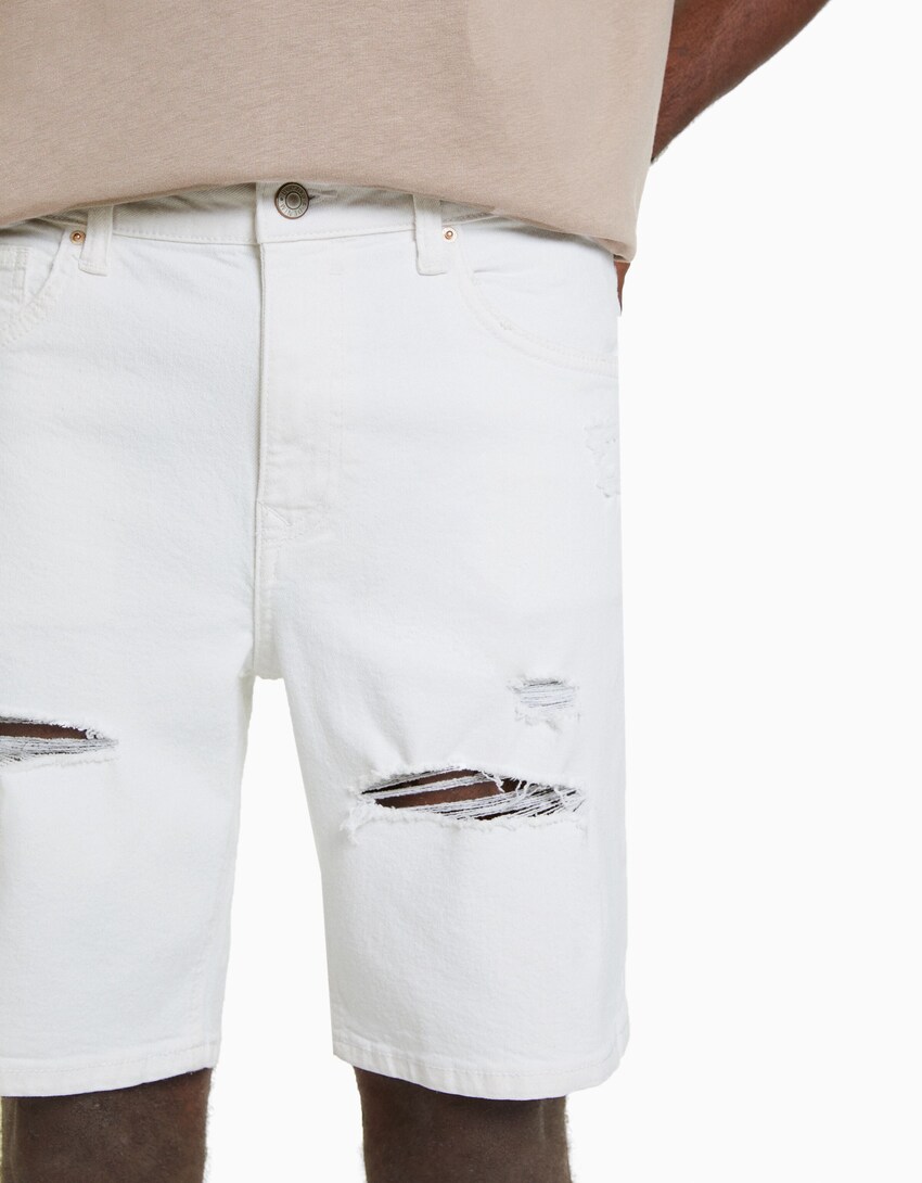 Bermudy jeansowe z przetarciami-Biały-3