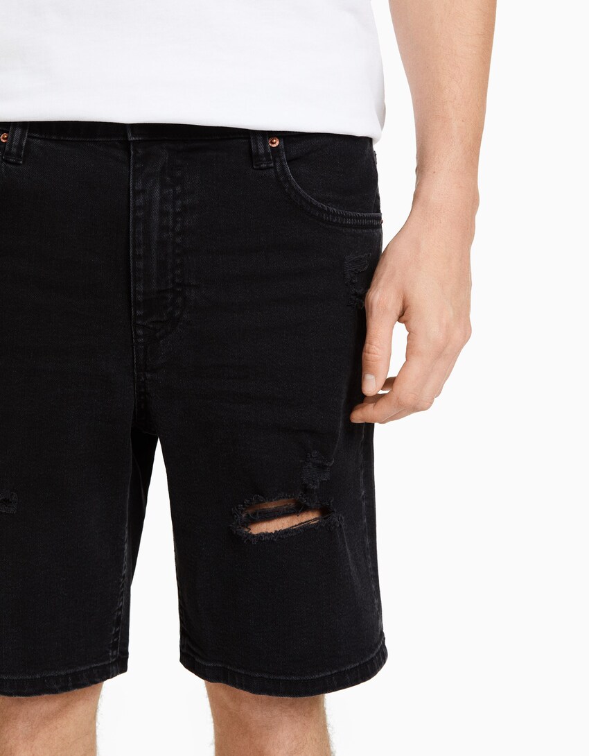Bermudy jeansowe z przetarciami-Czarny-3