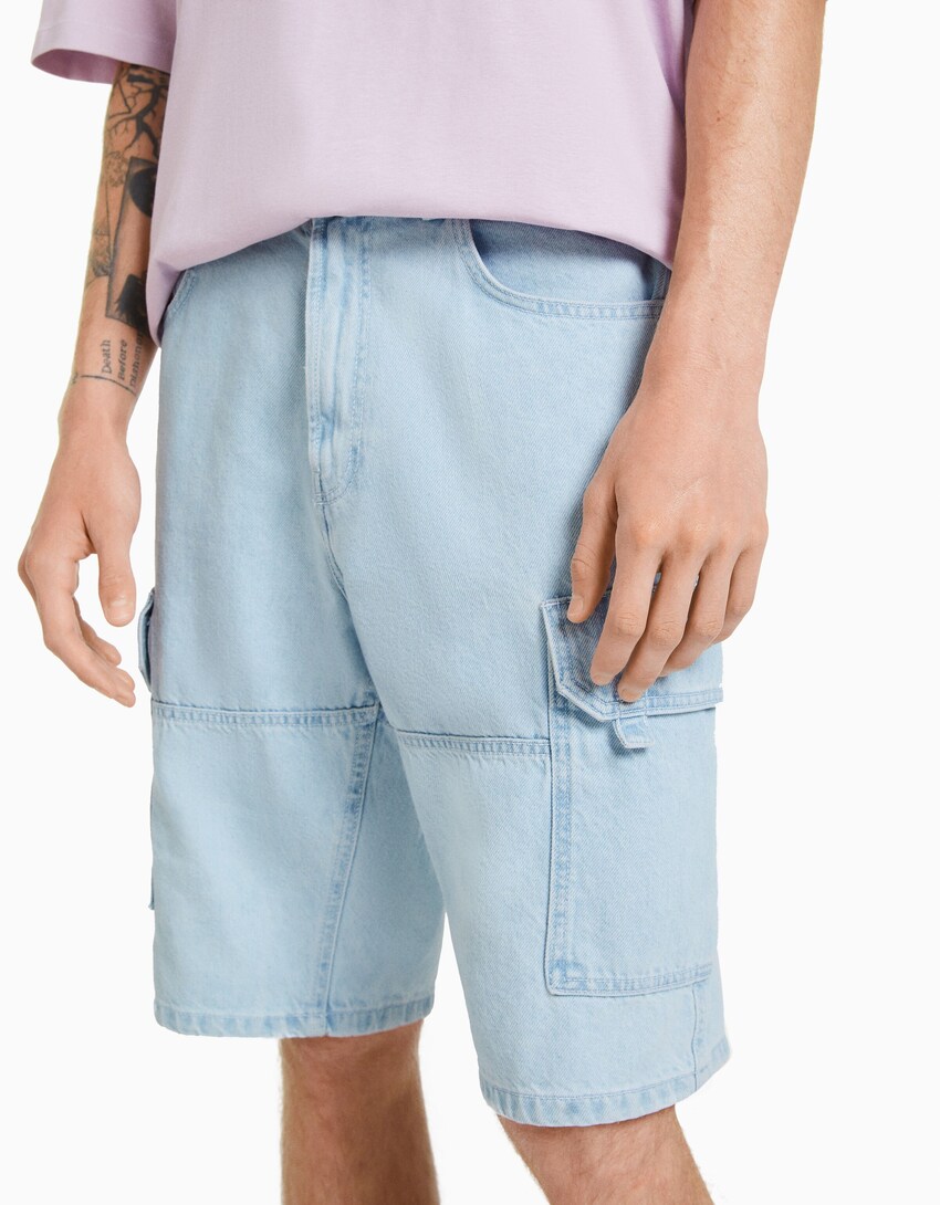 Denimowe bermudy typu baggy cargo-Jasnoniebieski-3