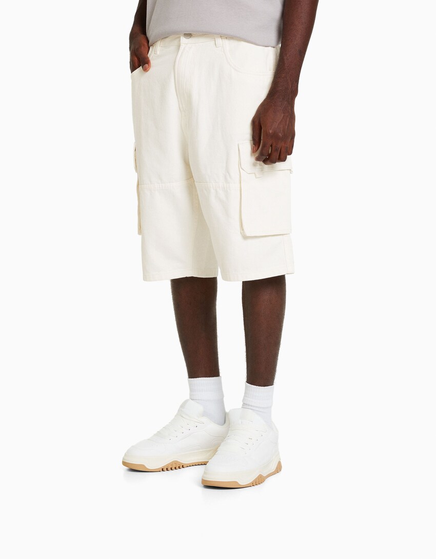 Denimowe bermudy typu baggy cargo-Kremowy-1