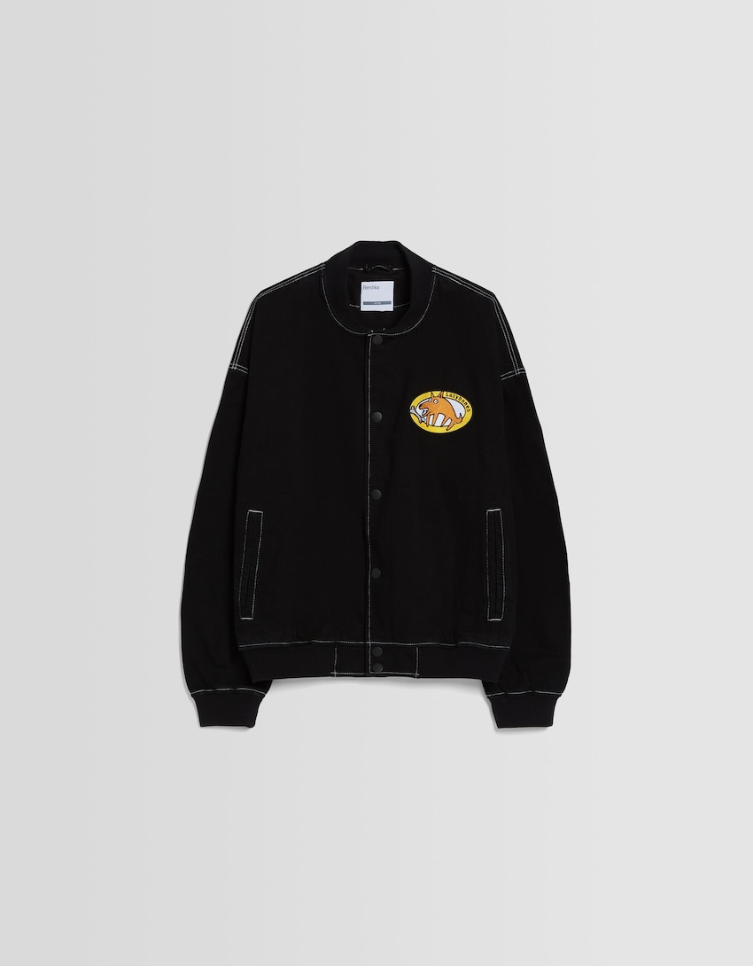 Cazadora denim bomber hilo contraste-Negro-4