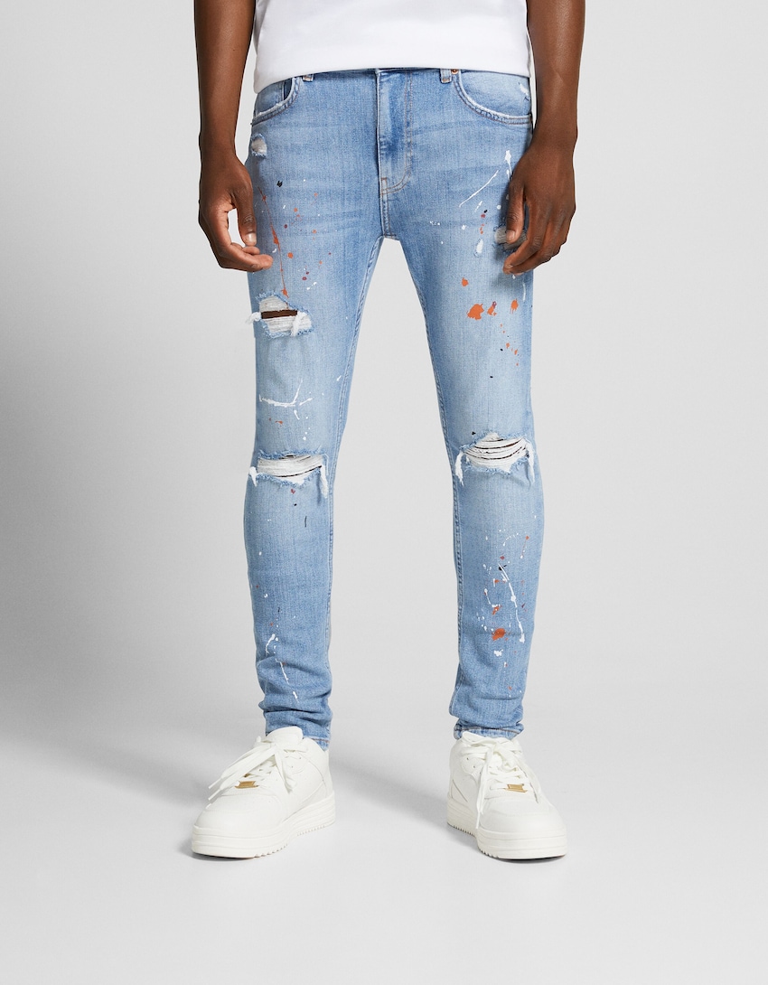 Jeans super skinny rotos pintura-Azul lavado-1