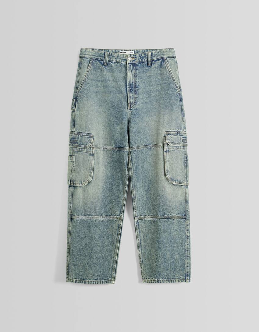 Faded-effect skater fit cargo jeans-Washed out blue-4