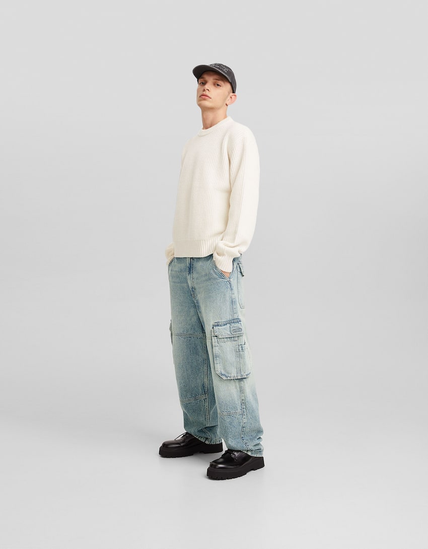 Faded-effect skater fit cargo jeans-Washed out blue-0