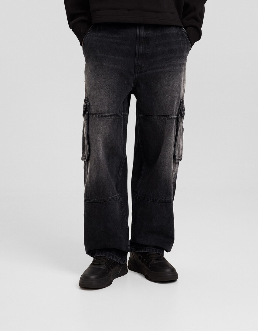 Jeans skater fit cargo efecto lavado-Negro-1