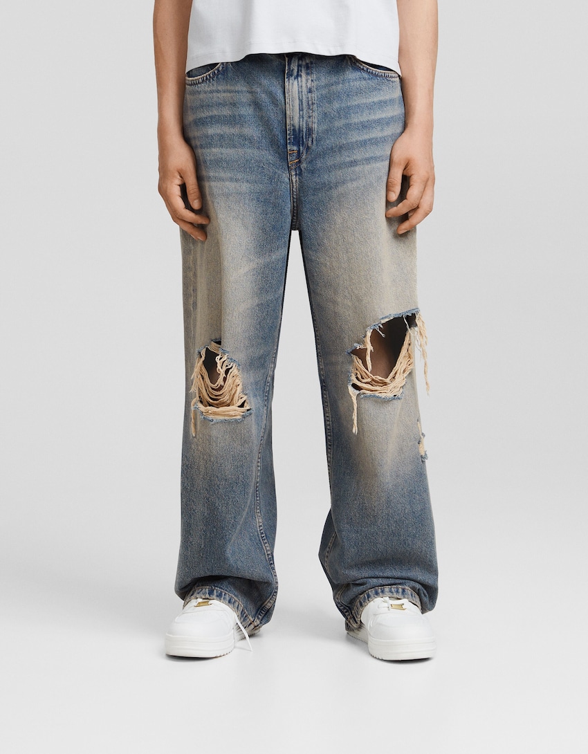 Jeans super baggy efecto lavado rotos-Azul lavado-1