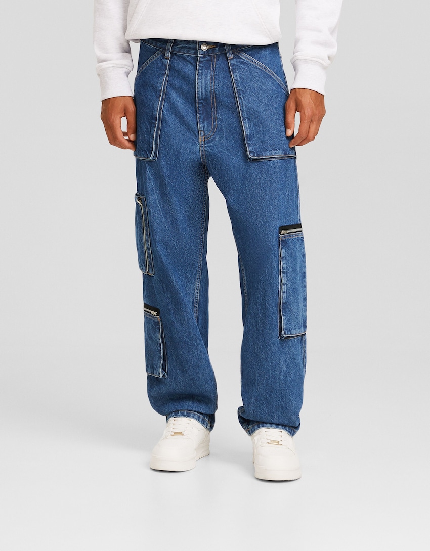 Jeans baggy cargo cremallera-Azul-1