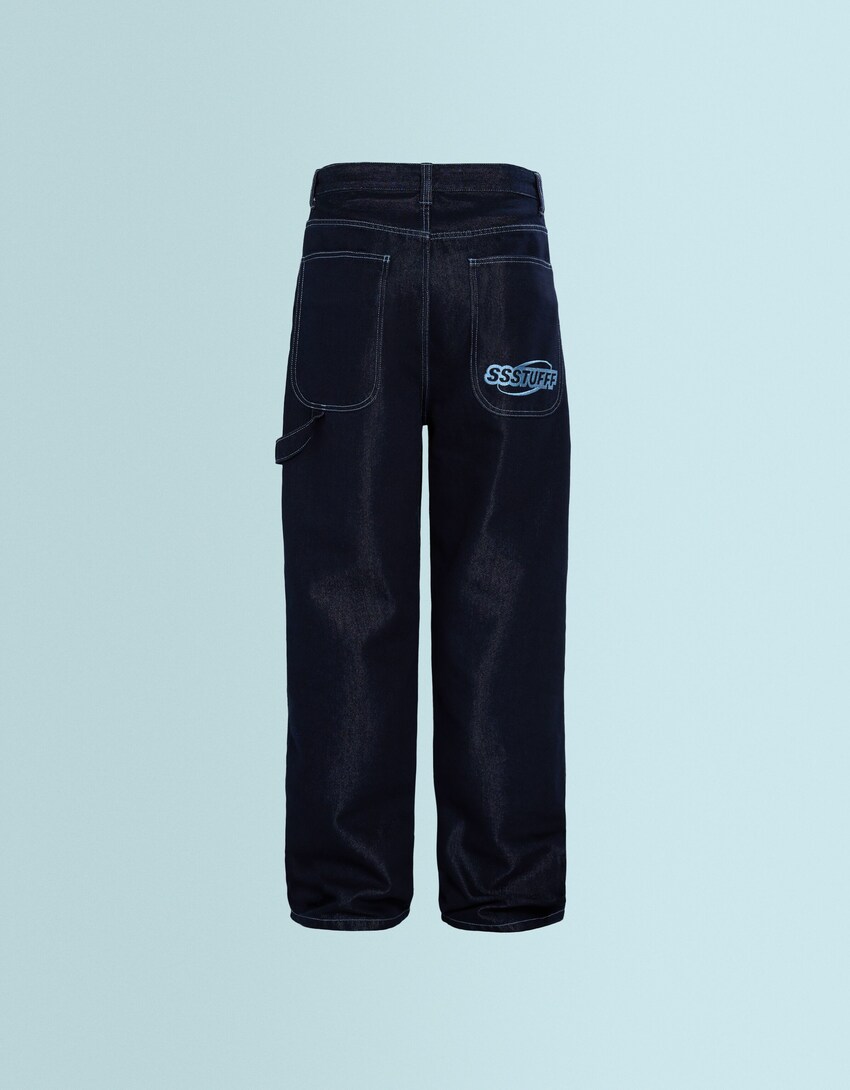 Jeans SSSTUFFF X BERSHKA skater fit reversibles bordado-Azul-3