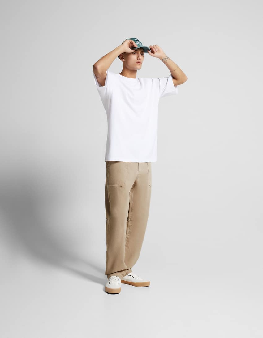 Cotton trousers with front pocket detail-Camel-0