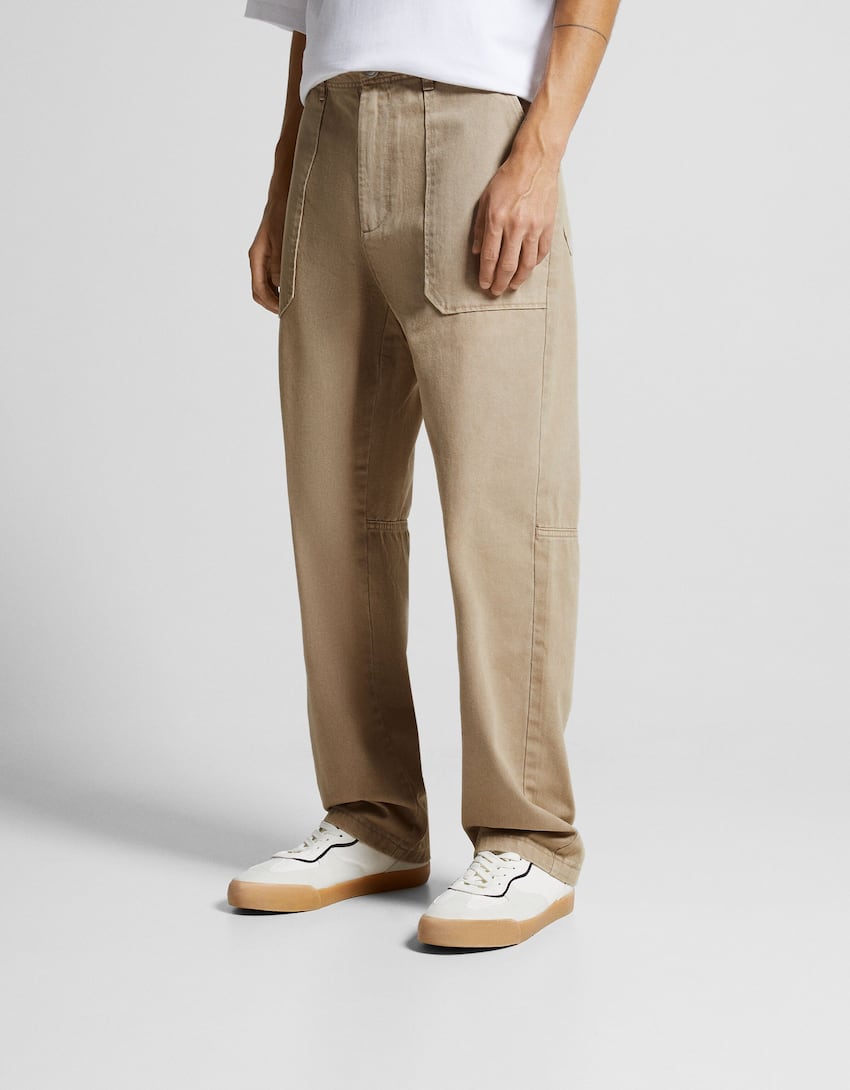 Cotton trousers with front pocket detail-Camel-1