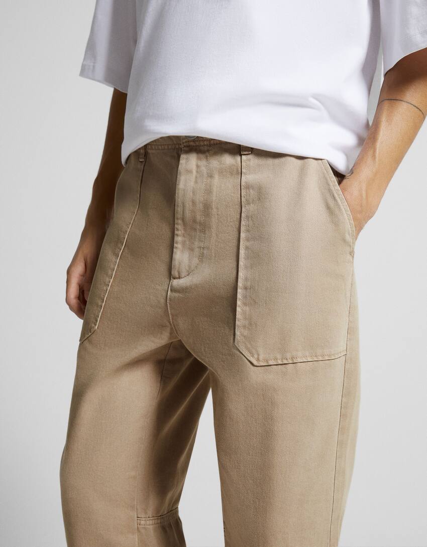 Cotton trousers with front pocket detail-Camel-3