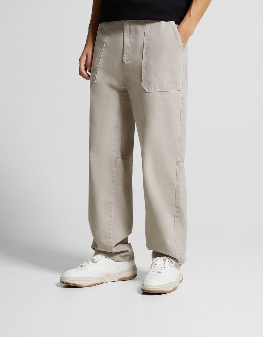 Cotton trousers with front pocket detail-Grey-1