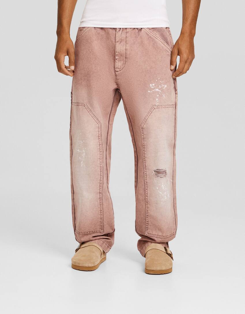 Cotton trousers with paint splatter print-Pink-1