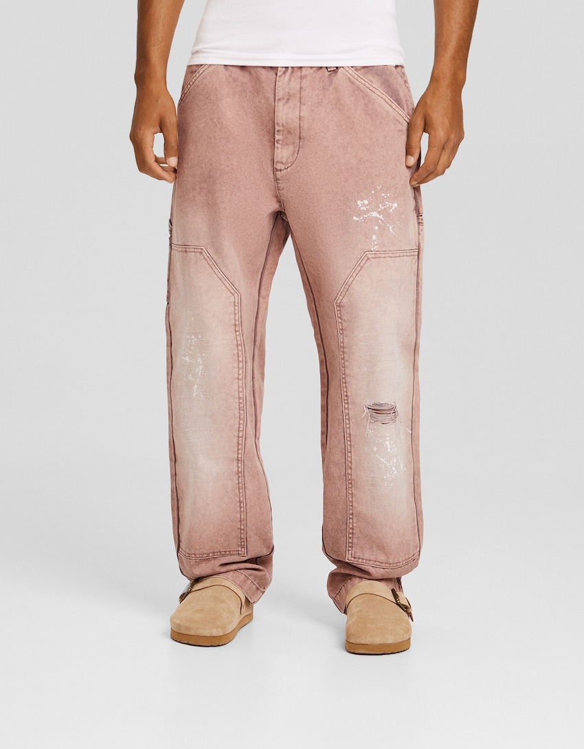 Pantalón slim fit algodón print pintura-Rosa-1