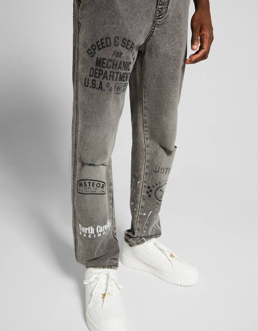 Cotton trousers with paint splatter print-Black-3