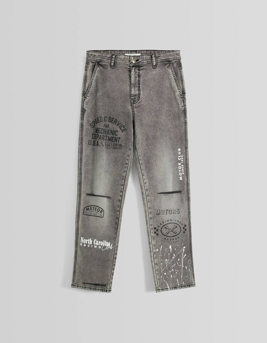 Cotton trousers with paint splatter print-Black-4