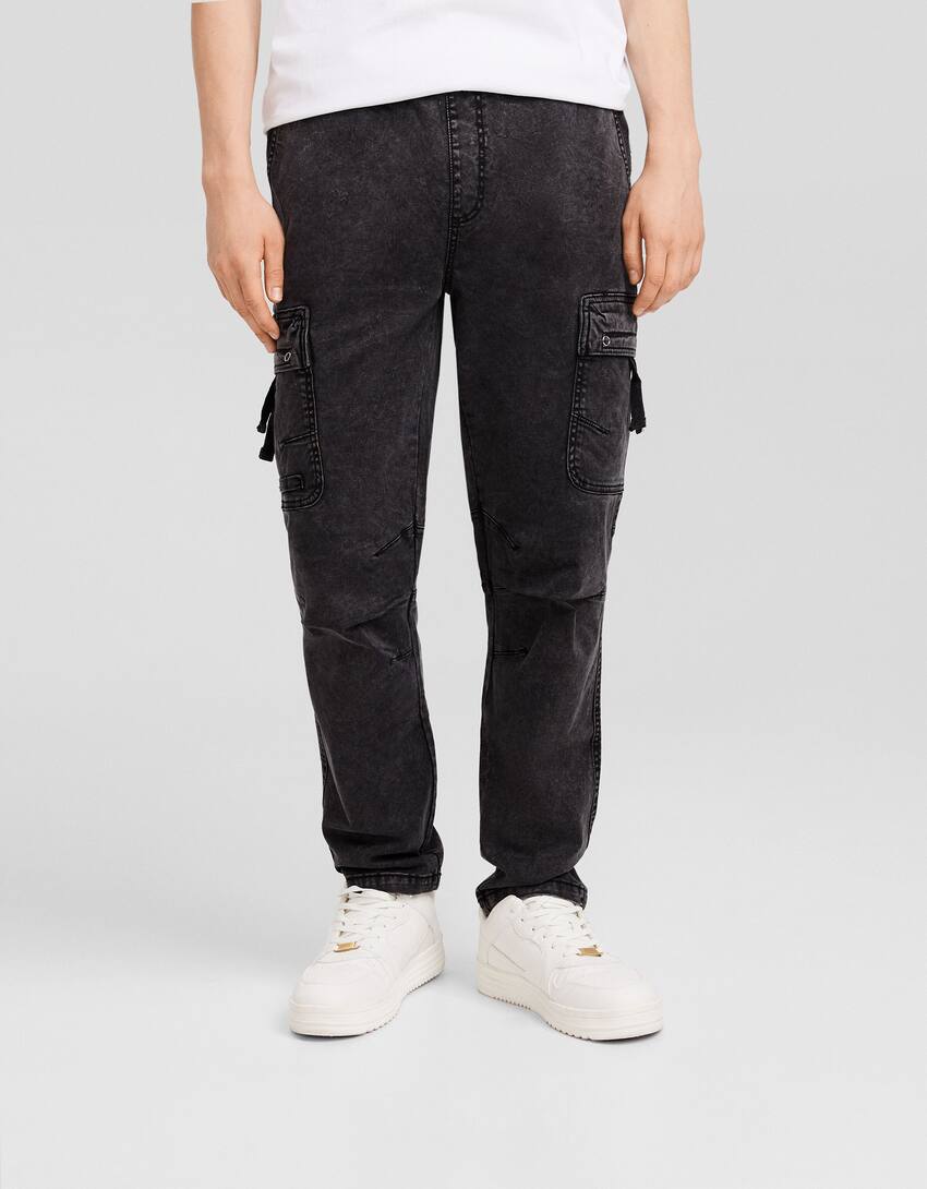 Cargo trousers with straps-Black-1