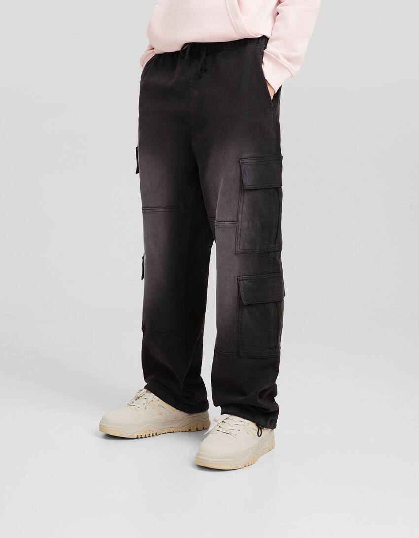 Multi-cargo faded-effect baggy trousers-Black-1